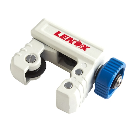 LENOX 21010TC118 pipe cutter with blue adjustment knob, white body, side angle on white background.