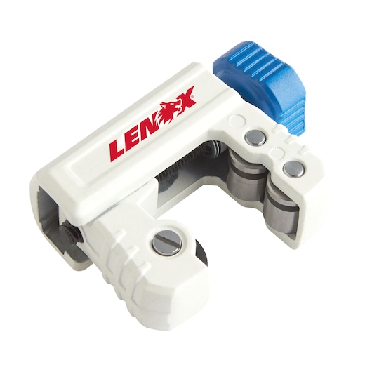 Photo of LENOX pipe cutter 21010TC118, white body with blue knob, front angle on white background.