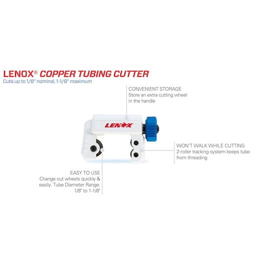 LENOX 21010TC118 copper tubing cutter with blue adjustment knob, side view, shows storage and cutting features.