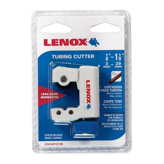 LENOX 21010TC118 tubing cutter in retail packaging, white tool with blue accents, for cutting copper pipes.
