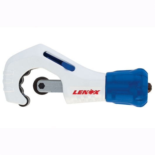 LENOX 21011TC138 tube cutter with white body, blue knob, and red logo, side view on white background.