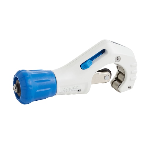 Photo of LENOX 21011TC138 tube cutter with white body and blue handle, side angle on white background.
