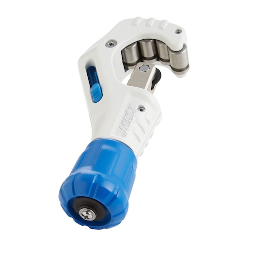 LENOX pipe cutter 21011TC138 with white body, blue handle, and metal rollers, shown on white background, angled view.