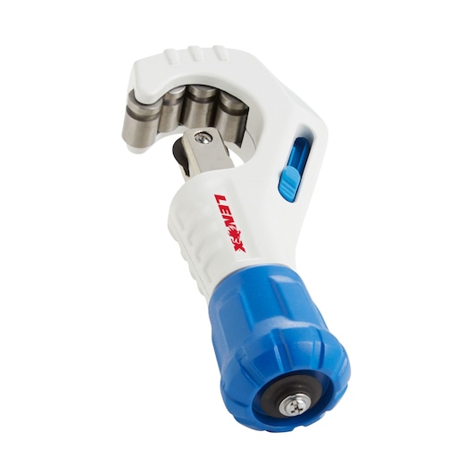 Photo of LENOX tube cutter 21011TC138 with blue handle and white body, shown at an angle on white background.