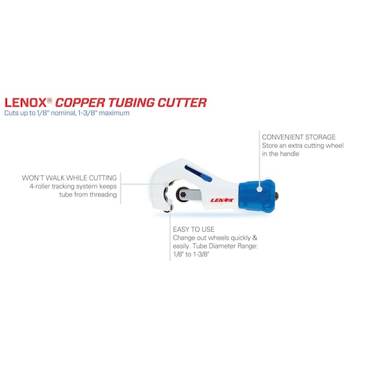 Photo of LENOX copper tubing cutter 21011TC138, white with blue handle, side angle, tube diameter 1/8 to 1-3/8.