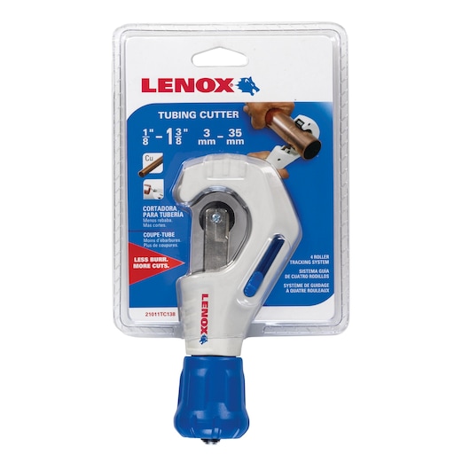 LENOX tubing cutter 21011TC138 with white and blue handle in retail packaging, front angle on white background.