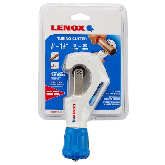 LENOX tubing cutter 21011TC138 in retail packaging, white and blue tool with ergonomic handle, front view.