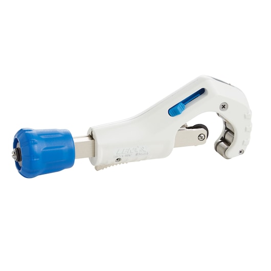 LENOX pipe cutter 21012TC134 with white body and blue knob, side angle on white background.