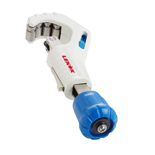 LENOX 21012TC134 pipe cutter with white body, blue knob, visible rollers, product shown on white background, angled view.