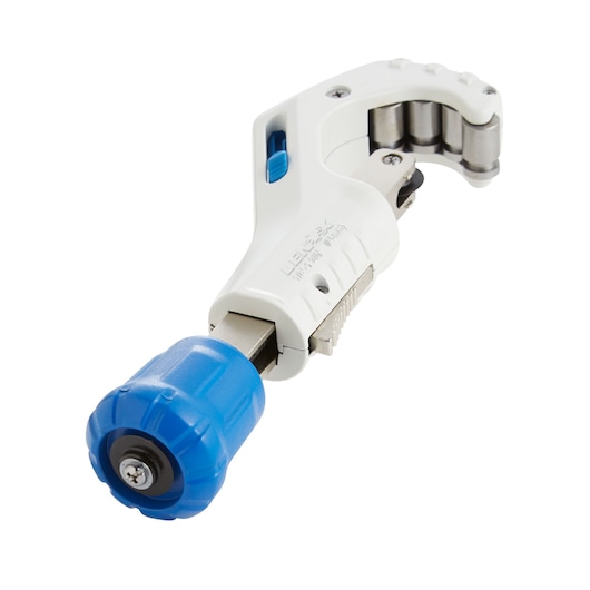 LENOX 21012TC134 pipe cutter with white body and blue handle, side angle, on white background.