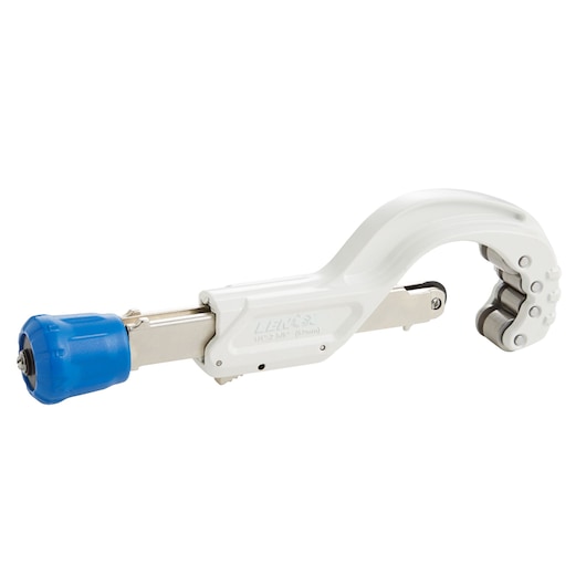 LENOX pipe cutter with white curved body, blue knob, and cutting wheels, side angle, 21013TC258.
