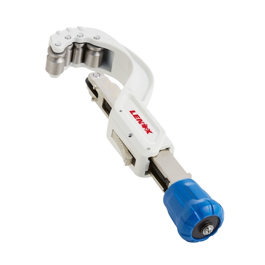 LENOX 21013TC258 pipe cutter with white body, blue knob, and metal cutting wheels, product photography on white background.