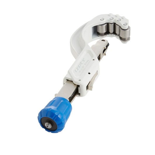 LENOX 21013TC258 pipe cutter with white body, blue rotary knob, and multiple rollers, angled view on white background.
