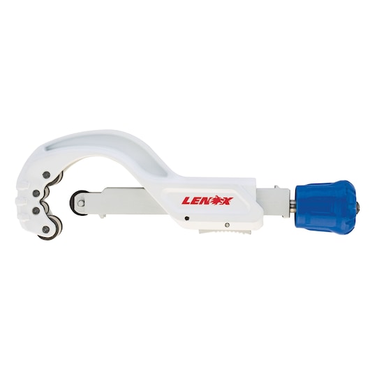 LENOX 21013TC258 pipe cutter with white body, blue adjustment knob, side view on white background.