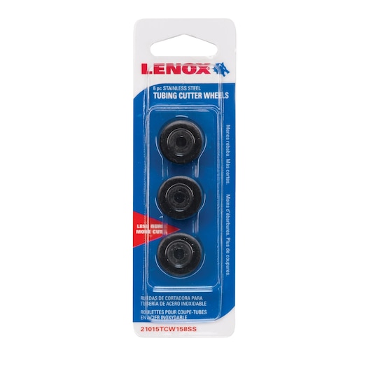 Photo of LENOX 21015TCW158SS tubing cutter wheels, 6-piece stainless steel set in blue blister packaging, front view.