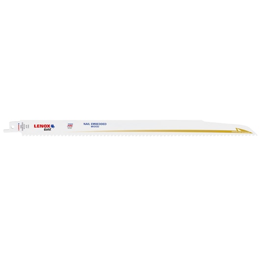 LENOX 21061156GR reciprocating saw blade for nail embedded wood, white blade with gold and blue accents, side angle.
