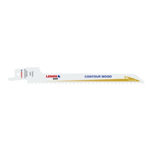 Photo of LENOX 21063676GRC contour wood reciprocating saw blade, white with gold and blue text, side angle.