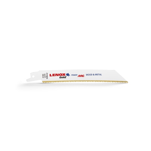 LENOX reciprocating saw blade SKU 21064610GR, gold-edged for wood and metal, side angle on white background.