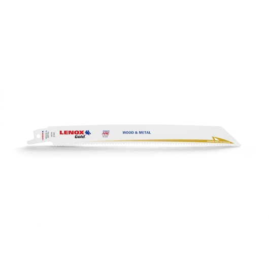 LENOX 21065810GR white reciprocating saw blade for wood and metal, gold edge, side angle, on white background.