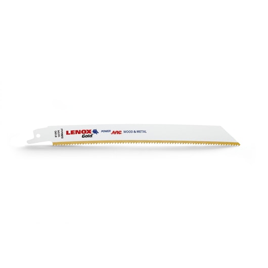 LENOX reciprocating saw blade 21065810GR for wood and metal, gold edge, side angle, white background