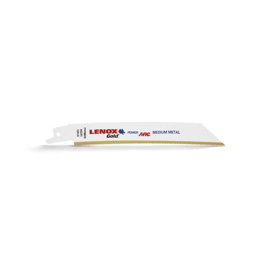 LENOX gold reciprocating saw blade 21069618GR for medium metal, straight side view on white background.