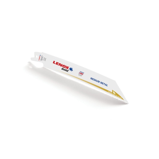 LENOX reciprocating saw blade 21069618GR, white with gold accent, medium metal, angled view, white background.