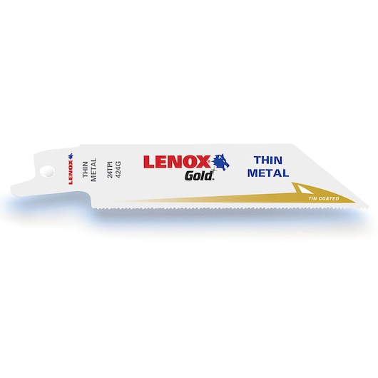 LENOX 21071424GR reciprocating saw blade for thin metal, gold and white finish, angled side view.