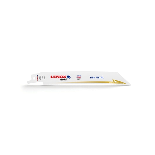 Photo of LENOX 21072624GR thin metal reciprocating saw blade, white with gold and blue accents, side angle.
