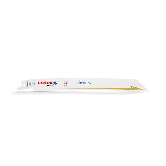 LENOX Gold thin metal reciprocating saw blade with gold accent, product photography, 21073824GR, side angle