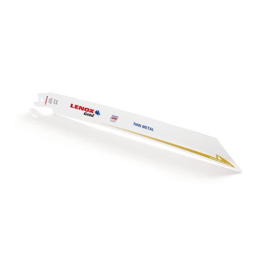 LENOX 21073824GR thin metal reciprocating saw blade, white with gold accent, side angle on white background.
