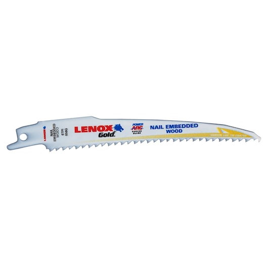 LENOX 21074B656GR reciprocating saw blade for nail embedded wood, white with sharp teeth, side view.