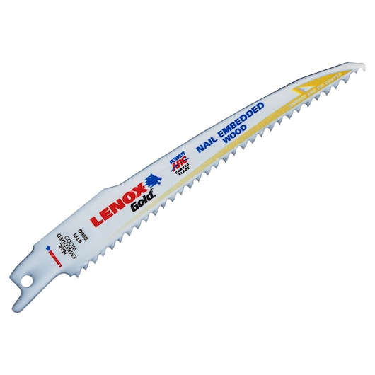 LENOX reciprocating saw blade 21074B656GR for nail embedded wood, white with blue and gold markings, side angle.