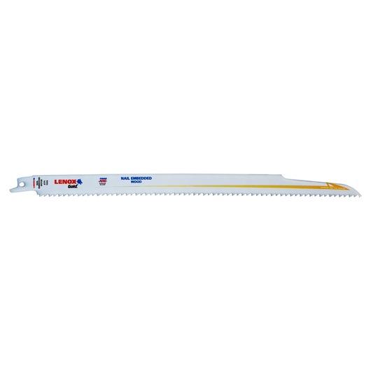 LENOX reciprocating saw blade 21075B156GR, white, for nail embedded wood, wide teeth, side angle on white background.