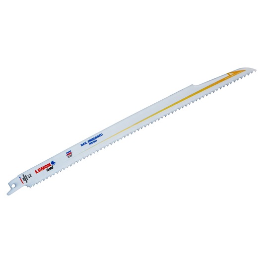Photo of LENOX reciprocating saw blade 21075B156GR, white with gold stripe, angled view on white background.
