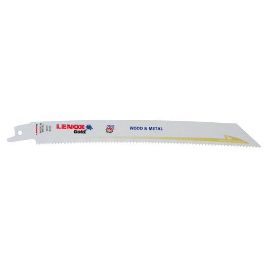 LENOX 21079B810GR reciprocating saw blade for wood and metal, white blade with gold stripe, side view.