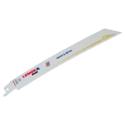 LENOX Gold reciprocating saw blade for wood and metal, SKU 21079B810GR, angled product photo on white background.
