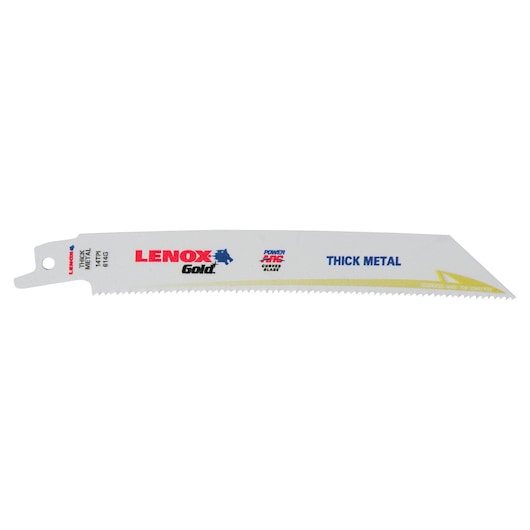Photo of LENOX thick metal reciprocating saw blade, SKU 21081B614GR, white blade with gold and blue lettering, side view.
