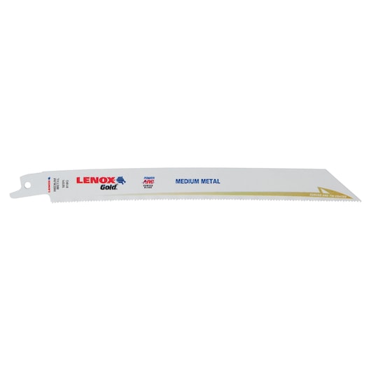 LENOX 21084B818GR medium metal reciprocating saw blade, white with gold edge, side angle on white background.