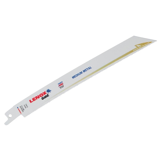 LENOX reciprocating saw blade 21084B818GR for medium metal, white with gold line, angled on white background.