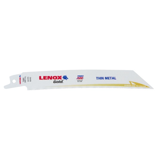 LENOX Gold reciprocating saw blade for thin metal, 21086B624GR, side angle on white background.