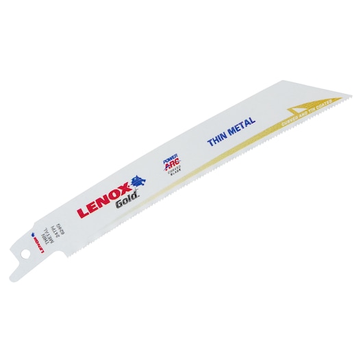 Photo of LENOX 21086B624GR thin metal reciprocating saw blade with white body and gold edge, angled on white background.