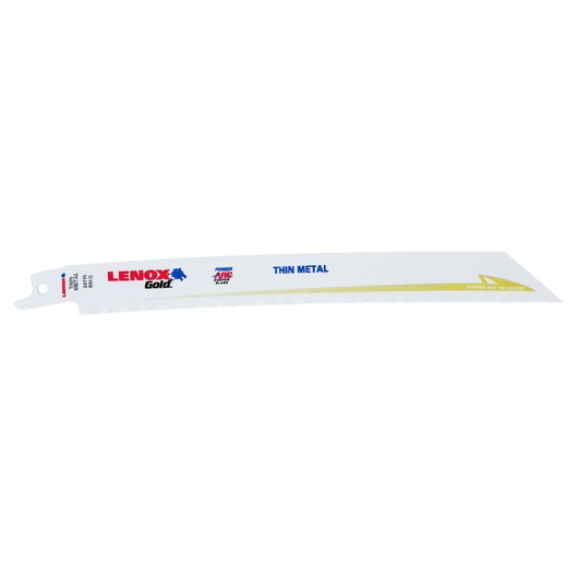 LENOX 21087B824GR reciprocating saw blade for thin metal, white finish, flat lay on white background.