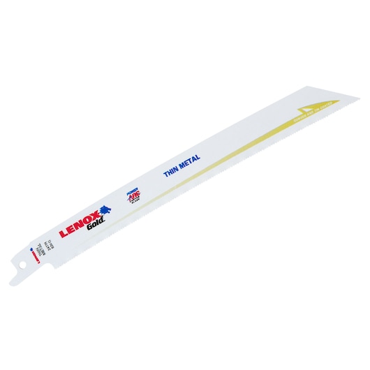 Photo of LENOX 21087B824GR thin metal reciprocating saw blade, white with gold stripe, angled view on white background.