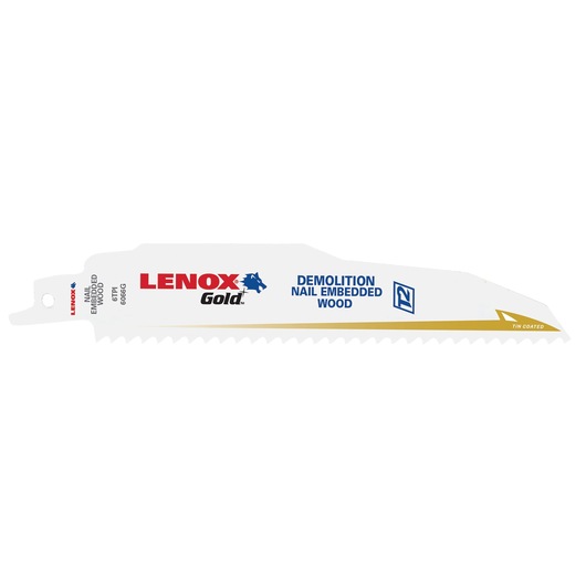 LENOX demolition reciprocating saw blade 210886066GR for nail embedded wood, white with gold accent, side view.