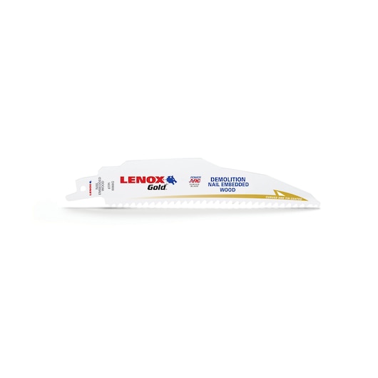 LENOX demolition saw blade 210886066GR, white with gold and blue text, side angle on white background.