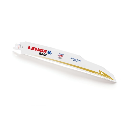 LENOX Gold demolition metal reciprocating saw blade, SKU 21089960GR, white finish, angled side view.
