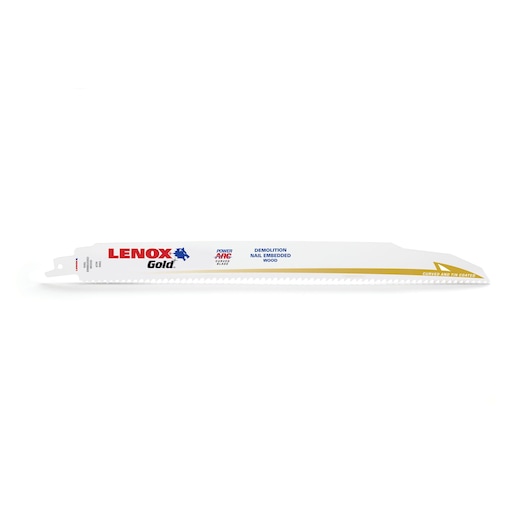 LENOX 21091106GR white demolition reciprocating saw blade with gold accent, side view on white background.