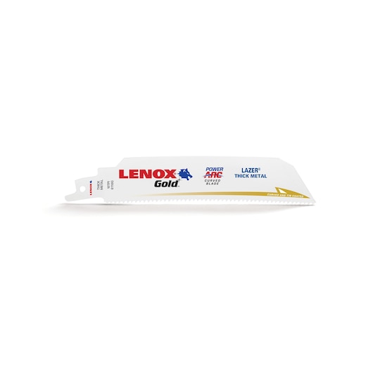 LENOX 210936110GR curved gold reciprocating saw blade for thick metal, side angle, white background.