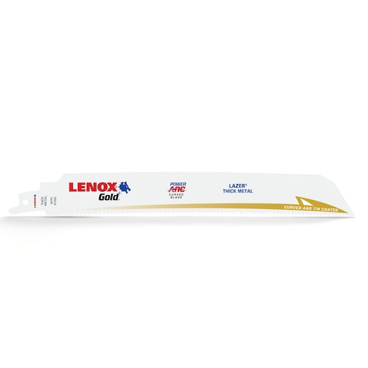 LENOX Gold 210979110GR thick metal saw blade, white with gold and blue details, side angle.