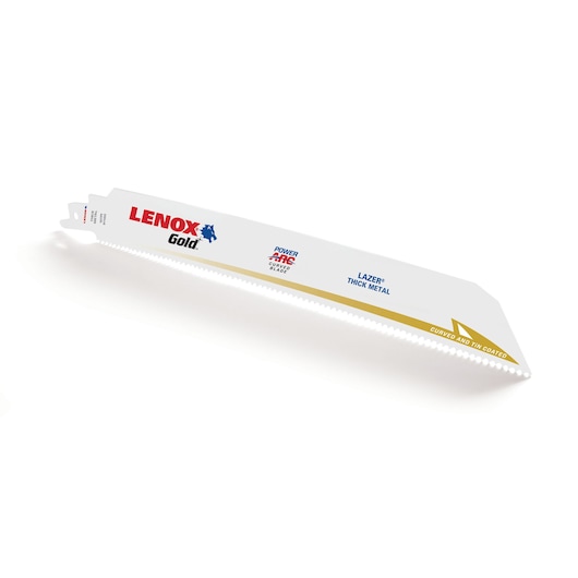 LENOX 210979110GR white reciprocating saw blade for thick metal, angled view, gold trim, curved and tin coated.